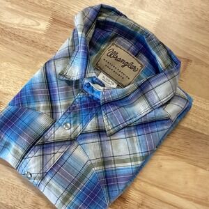 Wrangler Mens XL Pearl Snap Shirt Short Sleeve Blue Plaid‎ Western Cowboy EUC